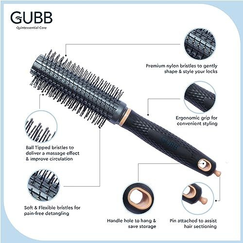Gubb Elite Range Round Hair Brush For Blow Drying & Hair Styling Perfect Tool For Efficient Blow Drying, Adding Curls, Waves & Volume | Premium Nylon Bristles To Gently Shape & Style Your Locks | Lightweight , Long Lasting Curles & Waves - For All Hair Types - For Women, Men, Wet And Dry Hair