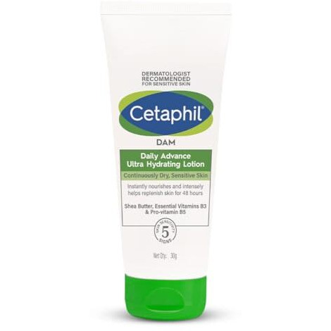 Cetaphil Dam Daily Advance Ultra Hydrating Lotion For Dry, Sensitive Skin| 30 G| Moisturizer With Shea Butter| Non-Greasy, Fragrance-Free| Paraben, Sulphate Free