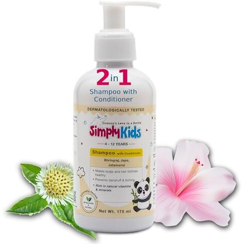 Simply Kids 2-In-1 Shampoo & Conditioner For 4-12 Years | Ph Balanced, Efficacy Proven | Softens, Strengthens & Detangles | Natural Ingredients, No Harmful Chemicals | Tear-Free, Gentle Formula | Safe For All Hair Types | 175Ml