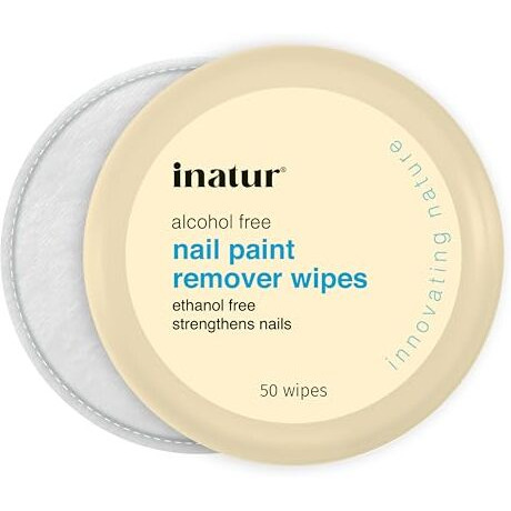 Inatur Nail Paint Remover Wipes (50 Wipes) - Ethanol & Alcohol Free, Oil-Based, With Almond Oil & Vitamin E, Strengthens Nails, Nourishes Cuticles, 100% Natural & Vegan Nail Polish Remover, Kids Safe