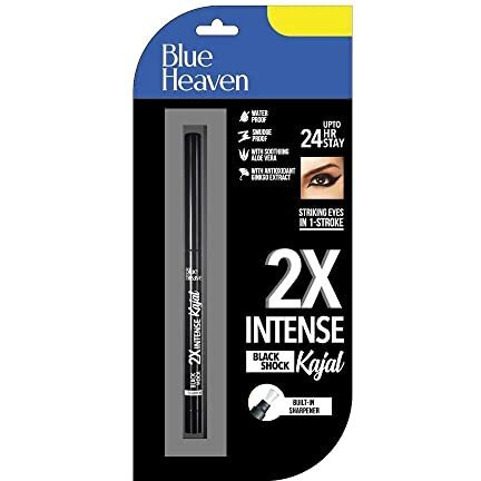 Blue Heaven 2X Intense Kajal, Black Shock | With Soothing Aloe Vera | Upto 24Hr Stay | Long Lasting & Smudge Proof Pencil, Black Matte Finish, 0.30Gm