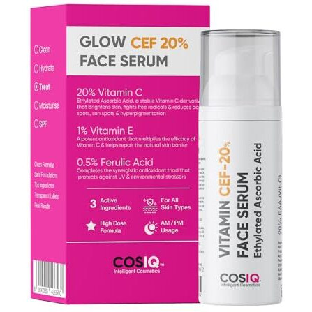 Cos-Iq 20% Vitamin C Serum, 30Ml | With Vitamin E & Ferulic Acid | Glowing & Brightening Skin | Anti-Aging Serum For Wrinkles, Fine Lines & Dark Spots | All Skin Types | 30-Days Pack