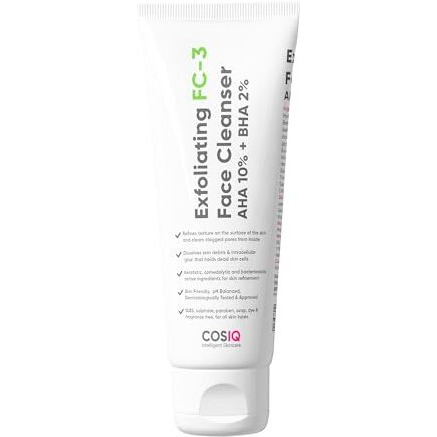 Cos-Iq Exfoliating Face Wash For Oily & Dry Skin | 2% Salicylic Acid Bha & 10% Glycolic Acid Aha | Sulphate-Free Anti-Acne Face Cleanser For Acne, Pimples, Skin Brightening, Dirt & Oil Control | 100Ml