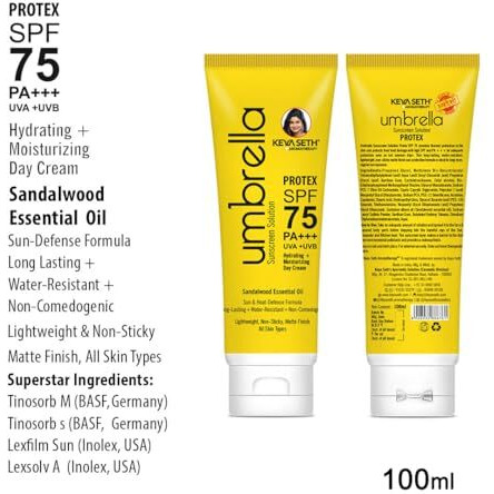 Keya Seth Aromatherapy, Umbrella Sunscreen Solution Spf 75 With Pa+++ Long Lasting Uv & Heat Protection Formula Oil Control Enriched Micronized Zinc Oxide 100Ml