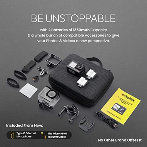 Digitek Gocam Dac-101 5K 30Fps 48Mp Wifi Ultra Hd Sports Action Camera | 2 / 1.3 Dual Touch Screen | 150 Degree Wide Angle | 6-Axis Gyro Eis Stabilization | 2.5Mm External Mic Support | 100 Feet Waterproof (With Waterproof Case) | 2 X 1350Mah Battery With Accessories Kit (Black)