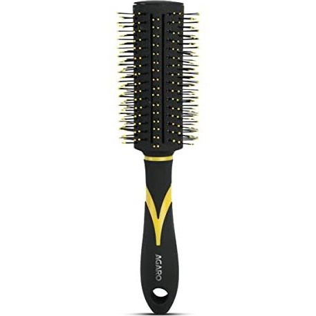 Agaro Breeze Round Hair Brush With Strong & Flexible Boar Bristles Having Anti Static Ball Tips, For Adding Quick Curls, Waves & Volume In Hair, Ideal For All Types Of Medium To Long Hair, Yellow & Black.