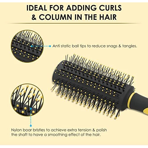 Agaro Breeze Round Hair Brush With Strong & Flexible Boar Bristles Having Anti Static Ball Tips, For Adding Quick Curls, Waves & Volume In Hair, Ideal For All Types Of Medium To Long Hair, Yellow & Black.