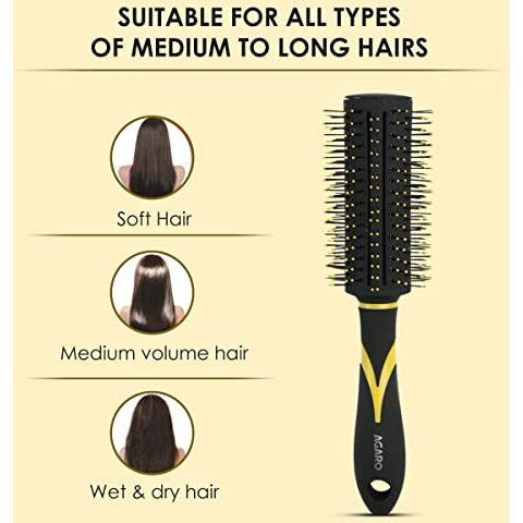 Agaro Breeze Round Hair Brush With Strong & Flexible Boar Bristles Having Anti Static Ball Tips, For Adding Quick Curls, Waves & Volume In Hair, Ideal For All Types Of Medium To Long Hair, Yellow & Black.