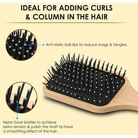 Agaro Wooden Paddle Hair Brush With Strong & Flexible Nylon Bristles Having Anti Static Ball Tips, For Grooming, Straightening, Smoothing, Detangling Hair, Ideal For Men, Women & Kids.
