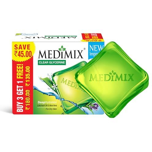 Medimix Clear Glycerine Bathing Bar Soap For Dry Skin 100G (3 + 1 Combo Pack) | Infused With Lakshadi Oil & Aloe Vera | Effective For Dry Skin