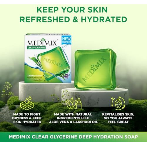 Medimix Clear Glycerine Bathing Bar Soap For Dry Skin 100G (3 + 1 Combo Pack) | Infused With Lakshadi Oil & Aloe Vera | Effective For Dry Skin