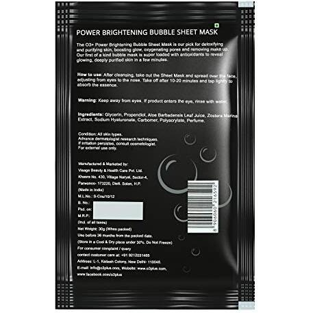 O3+ Power Brightening Bubble Sheet Mask For Deep Cleansing And Glowing Skin (30Gm,Pack Of 1)