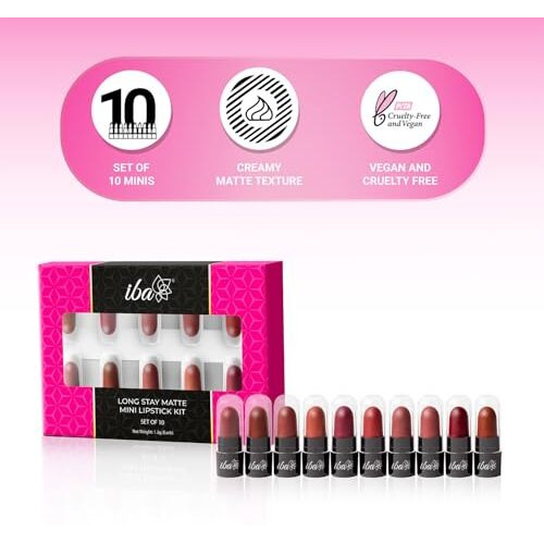 Iba Long Stay Creamy Matte Micro Mini Lipstick Kit | Bullet Matte Lipstick Set | Highly Pigmented And Long Lasting | Hydrating & Moisturizing Mini Lipsticks Set For Women | Mini Lipstick Combo Pack | (Set Of 10) 12 G (1.2 G Each)