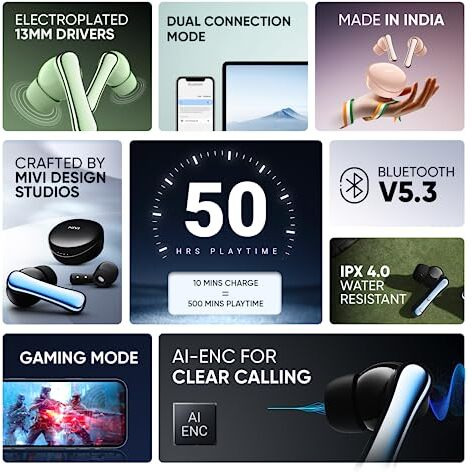 Mivi Duopods A850 Ai-Enc Tws With Hdcalls Technology,13Mm Rich Bass Drivers,50Hrs Playtime,Low Latency Gaming,Type C Fast Charging,Clear Audio Quality,Made In India Earbuds-Galaxyblack