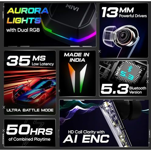 Mivi Commando X7 [Just Launched] Gaming In Ear Earbuds 35Ms Low Latency, Aurora Lights, Dual Rgb,13Mm Bass Drivers, 50Hrs Playtime,Type C, Ai Enc, Made In India Ear Buds Wireless Bluetooth Gaming Tws