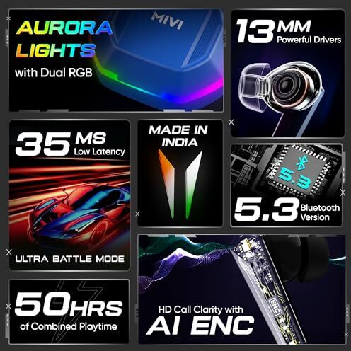 Mivi Commando X7 [Just Launched] Gaming In Ear Earbuds 35Ms Low Latency, Aurora Lights, Dual Rgb,13Mm Bass Drivers, 50Hrs Playtime,Type C, Ai Enc, Made In India Ear Buds Wireless Bluetooth Gaming Tws