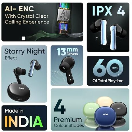 Mivi Duopods I2 Pro [New Launch], Instacharge Hd Clear Calling Bluetooth In Ear Earbuds, 60 Hours+ Long Playtime, Low Latency Gaming, V5.3 Bluetooth Ear Buds Wireless, Made In India
