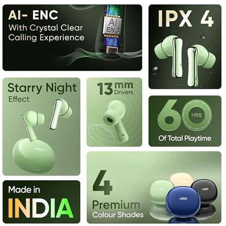 Mivi Duopods I2 Pro [New Launch], Instacharge Hd Clear Calling Bluetooth In Ear Earbuds, 60 Hours+ Long Playtime, Low Latency Gaming, V5.3 Bluetooth Ear Buds Wireless, Made In India