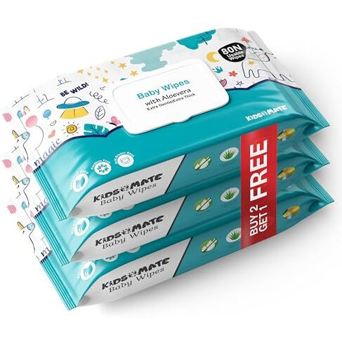 Kidsmate Gentle Care Baby Wipes | Soft & Thick Wet Wipes For Babies | Aloe Vera Moisturizing Wipes For Delicate Skin | Prevents Rashes & Redness | Alcohol & Soap-Free (80 Count Pack Of 3)