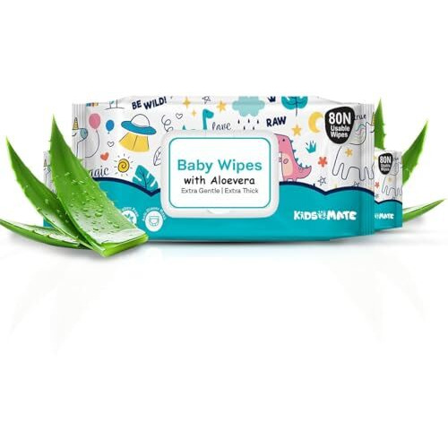 Kidsmate Gentle Care Baby Wipes | Soft & Thick Wet Wipes For Babies | Aloe Vera Moisturizing Wipes For Delicate Skin | Prevents Rashes & Redness | Alcohol & Soap-Free (80 Count Pack Of 3)