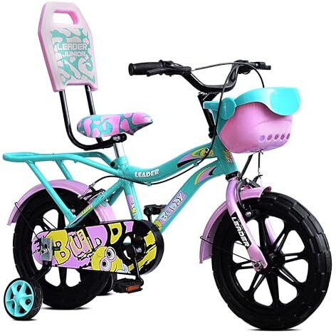 Leader Buddy Kids Cycle 14T With Training Wheels (Semi-Assembled) For Boys And Girls Ideal For Age Group 2-5 Years | Frame 8 Inches (14T, Sea Green_Light Pink)