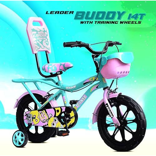 Leader Buddy Kids Cycle 14T With Training Wheels (Semi-Assembled) For Boys And Girls Ideal For Age Group 2-5 Years | Frame 8 Inches (14T, Sea Green_Light Pink)