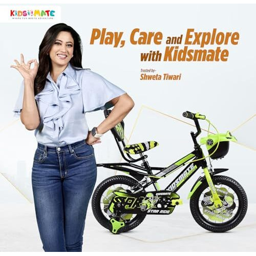 Kidsmate Star Ride 14T Kids Bicycle With Training Wheels | Cycle For Kids Featuring Front Basket, Adjustable Seat & Strong Steel Frame | Perfect First Ride Kids Cycle For 2-5 Years - Neon Green