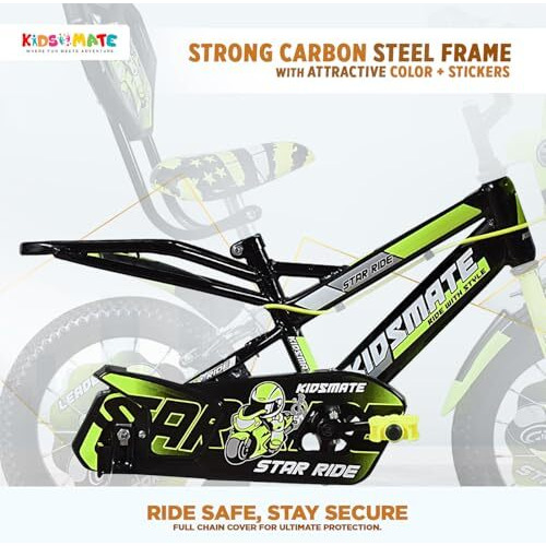 Kidsmate Star Ride 14T Kids Bicycle With Training Wheels | Cycle For Kids Featuring Front Basket, Adjustable Seat & Strong Steel Frame | Perfect First Ride Kids Cycle For 2-5 Years - Neon Green