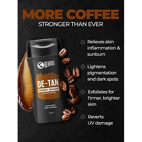 Beardo De-Tan Body Wash For Men, 200Ml | Tan Removal And Caffeine Body Wash | Detan With Coffee & Aloe Extracts | For Body & Face | Refreshing Fragrance
