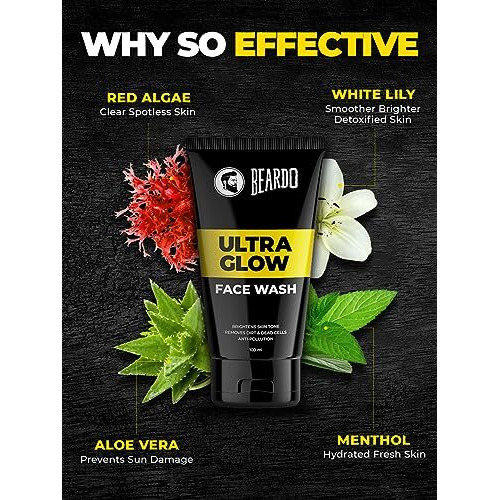 Beardo Ultraglow Face Wash For Men | Red Algae, White Lily & Menthol For Brightened, Hydrated And Refreshing Skin | Face Wash For Tone Brightening And Glowing Skin | Suitable For All Skin Types | 100Ml