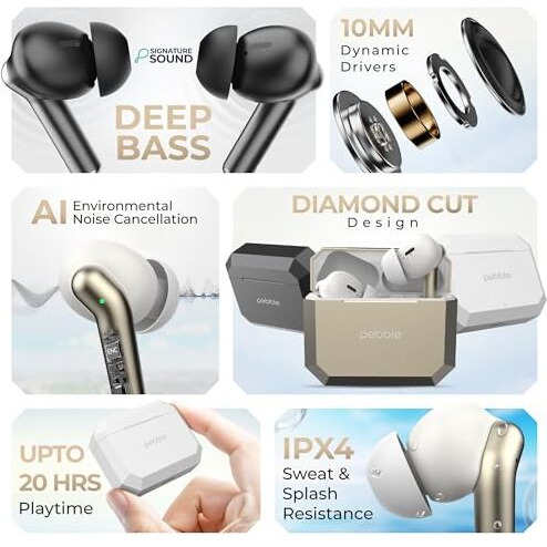 Pebble Glory Buds Ai Environmental Noice Cancellation, Premium Design, Fast Paring, 10Mm Dynamic Driver, Splash Proof, Type C Charging (White)