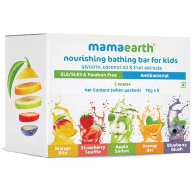 Mamaearth Fruit Based Nourishing Clear Bathing Bar Baby Antibacterial Soap With Glycerine,Sls & Paraben Free, For 2+ Years Age Kids  75G X 5