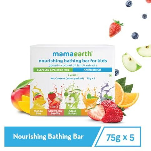 Mamaearth Fruit Based Nourishing Clear Bathing Bar Baby Antibacterial Soap With Glycerine,Sls & Paraben Free, For 2+ Years Age Kids  75G X 5