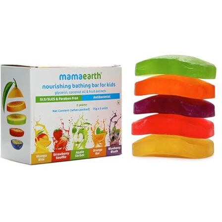 Mamaearth Fruit Based Nourishing Clear Bathing Bar Baby Antibacterial Soap With Glycerine,Sls & Paraben Free, For 2+ Years Age Kids  75G X 5
