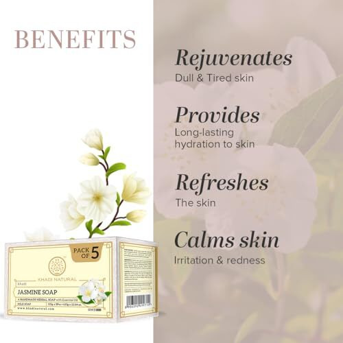 Khadi Natural Natural Jasmine Soap |Herbal Bathing Soap For Healthy Skin|Natural Soap With Essential Oils|Stress-Relieving Properties| Suitable For All Skin Types | (Pack Of 5) (5X125 G) (625 G)