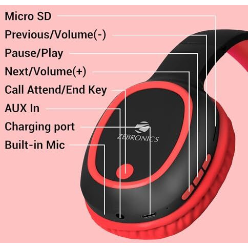 Zebronics Thunder Bluetooth 5.3 Wireless Over Ear Headphones With 60H Backup, Gaming Mode, Dual Pairing, Enc, Aux, Micro Sd, Voice Assistant, Comfortable Earcups, Call Function (Red)