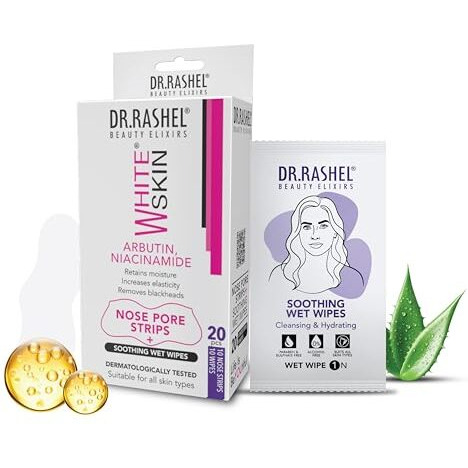 Dr.Rashel Nose Pore Strips For Pore Cleansing | Deep Cleansing Nose Strips For Instant And Painless Blackheads Removal || 20 Pcs (White Skin) (10 Strips & 10 Wipes)