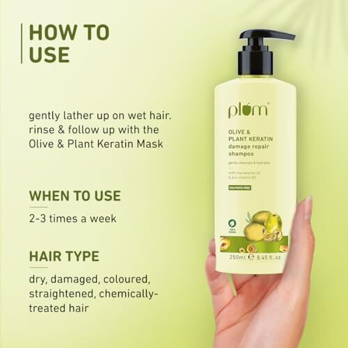 Plum Olive & Plant Keratin Damage Repair Shampoo | Sulphate-Free Shampoo | With Olive Oil, Plant Keratin, Macadamia Oil | Strengthens & Smoothens Hair, Conditions & Adds Shine To Hair | For Damaged, Salon-Treated Hair | 250 Ml