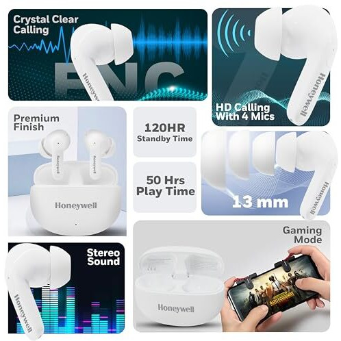 Honeywell Suono P2100 Bluetooth Tws Earbuds With 50H Of Playtime, Enc Mode, 4Xmics, Type C Fast Charging, Low Latency Mode For Gaming, Bluetooth V5.3, 13Mm*2 Drivers, Voice Assistant,2 Years Warranty