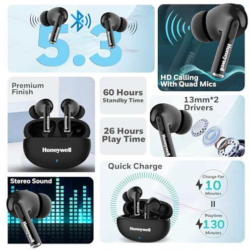Honeywell Moxie V1200 Bluetooth Tws Earbuds With 26H Of Playtime, Type C Fast Charging, Ipx4 Water Resistant, Bluetooth V5.3, 13Mm*2 Drivers, Voice Assistant, 2 Years Manufacturer Warranty - Black