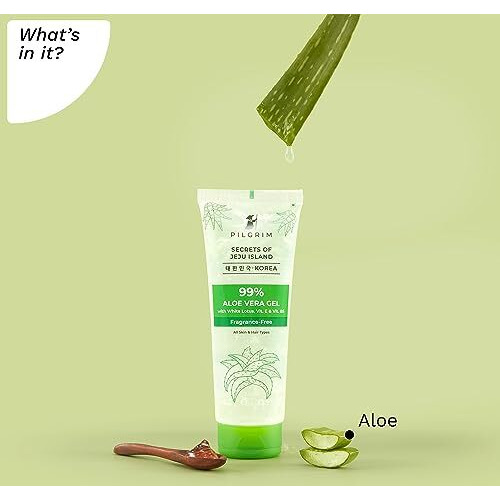 Pilgrim Korean 99% Pure Aloe Vera Gel 200Ml With Vitamin E & Vitamin B5 For Face & Hair | Hydrates & Soothes Skin | Conditions & Softens Hair | Free From Parabens, Sulphates, Mineral Oils & Fragrance I For Women And Men