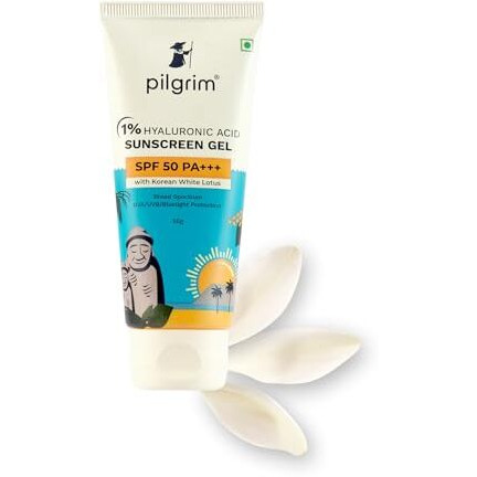 Pilgrim 1% Hyaluronic Acid Sunscreen Gel | Sunscreen Spf 50 +++ For Men And Women With Korean White Lotus | Broad Spectrum, Non-Greasy, No White Cast & Prevents Tanning | All Skin Types | 50 Gm