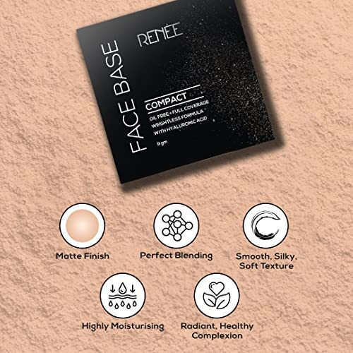 Renee Face Base Compact Powder Cashew Beige 9Gm, Enriched With Hyaluronic Acid & Vitamin E, Long - Lasting, Easy Blend, Matte Finish, For All Skin Types