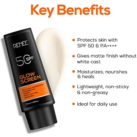 Renee Glowscreen Spf 50 Sunscreen Cream-50Ml, Pa++++ Uva & Uvb Protection, Hyaluronic Acid & Vitamin C|Non-Greasy Matte Formula, No White Cast|For All, Normal, Oily, Dry, Sensitive Skin Types