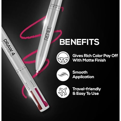 Renee Draw 4-4-In-1 Lip Liner, Four Shades Pinks, Brown, Nude & Red In One Pen - Highly Pigmented, Rich Texture, Matte Finish, One-Swipe Application & Travel-Friendly