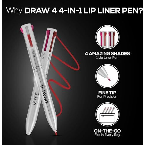 Renee Draw 4-4-In-1 Lip Liner, Four Shades Pinks, Brown, Nude & Red In One Pen - Highly Pigmented, Rich Texture, Matte Finish, One-Swipe Application & Travel-Friendly