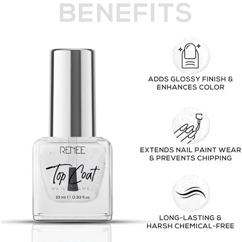Renee Top Coat Glossy Finish Nail Enamel, Quick Drying, Long Lasting, Chip Resisting Formula With High Shine & Full Coverage, One Stroke Application, Translucent Layer, 10 Ml