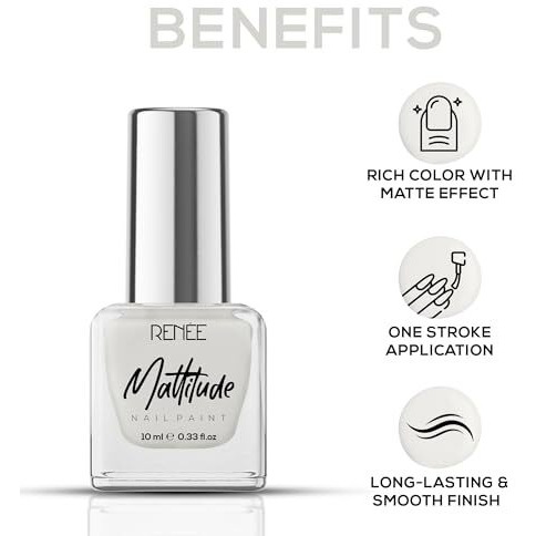 Renee Mattitude Nail Paint - Chalk White, Quick Drying, Matte Finish, Long Lasting, Chip Resisting Formula With High Coverage, Acetone & Paraben Free, 10 Ml