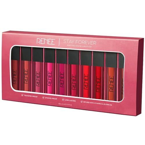 Renee Stay Forever Matte Liquid Lipstick Combo | Transfer & Smudge-Proof | Long Lasting | Infused With Vitamin E & Jojoba Oil | Perfect For Gifting, Wedding & Special Occasions | Travel Pack Of 10