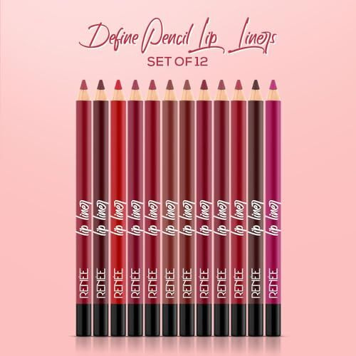 Renee Define Matte Lip Liner, Long Lasting & Smudge Proof, Full Coverage, Intensely Pigmented, Easy Glide Formula, Vitamin E & Castor Oil Infused, Set Of 12